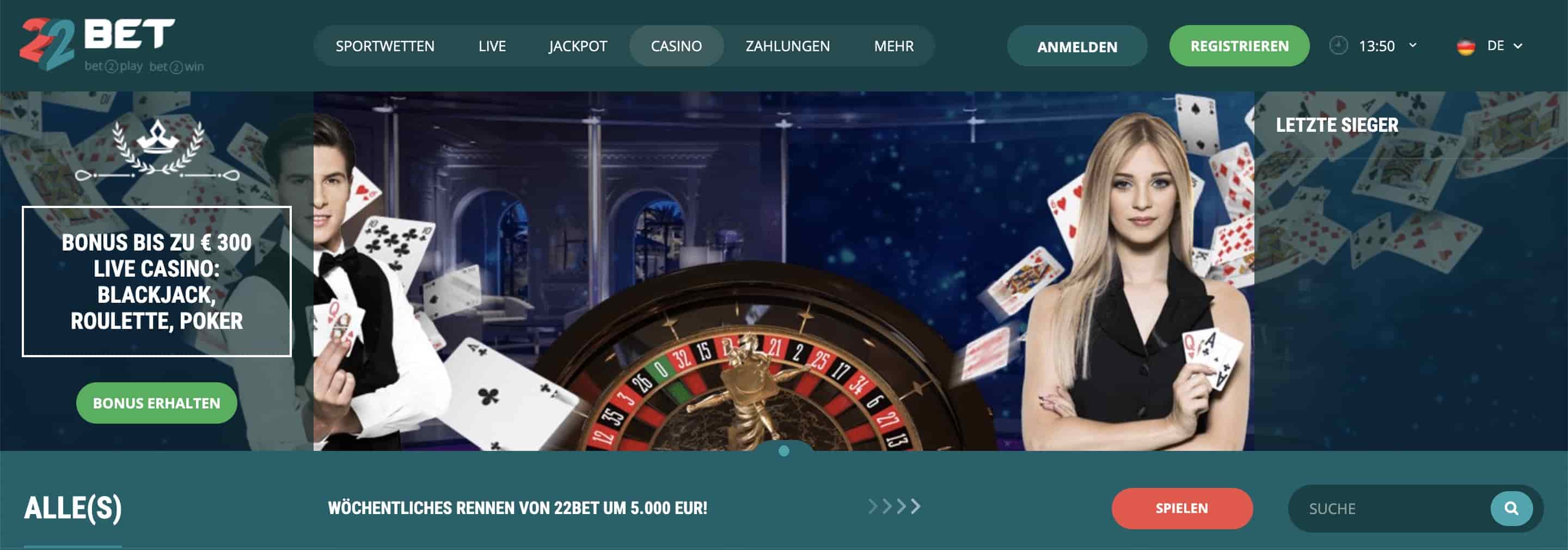 22bet casino homepage scrennshot